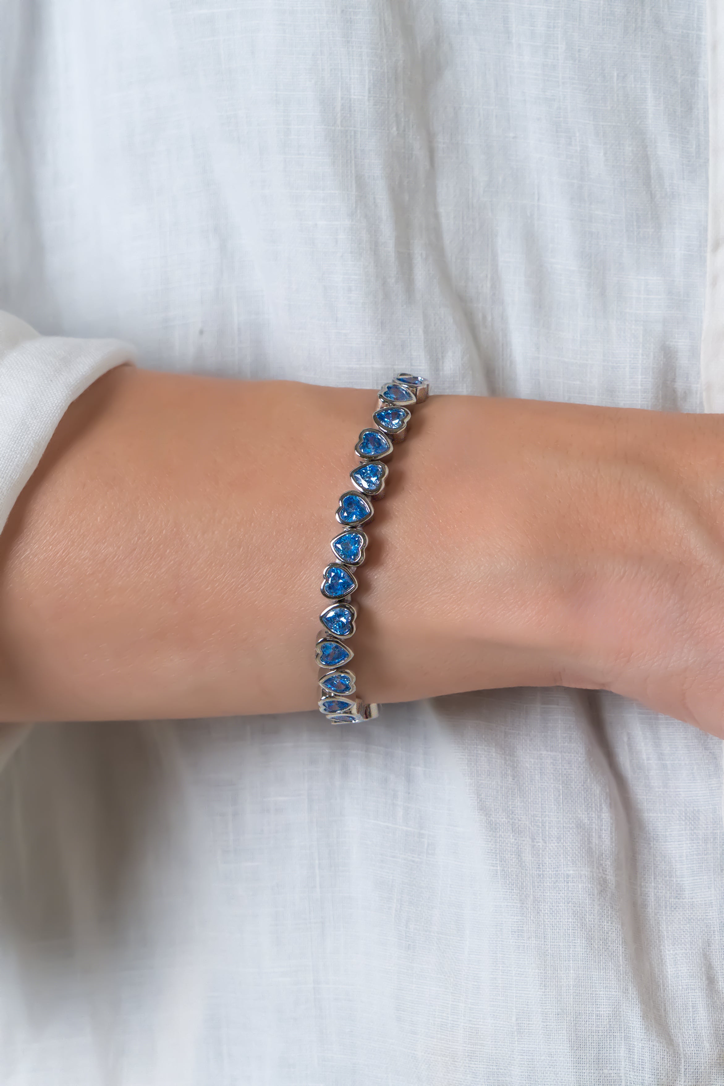 Aqua Blue - Silver Hearts Bracelet